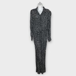 Eva Mendes New York & Company Black & White Crepe Long Sleeve Jumpsuit Large